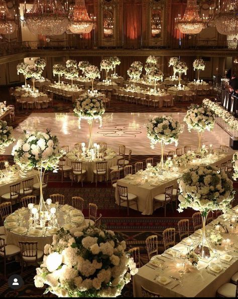 Simple Ballroom Wedding Decor, Castle Wedding Aesthetic Reception, Royalty Wedding Theme Receptions, Wedding Ballroom Reception, Old Money Wedding Aesthetic Decor, Ballroom Wedding Decoration, Ballroom Centerpieces, Hotel Ballroom Wedding, Royalty Wedding Theme