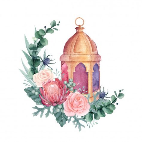 Watercolor arabic lantern with beautiful... | Premium Vector #Freepik #vector #flower #watercolor #floral #arabic Watercolor Morocco, Morocco Watercolor, Arabic Lantern, Ramadan Cards, Ramadan Kareem Pictures, Ramadan Poster, Eid Card Designs, Ramadan Kareem Decoration, Floral Cards Design