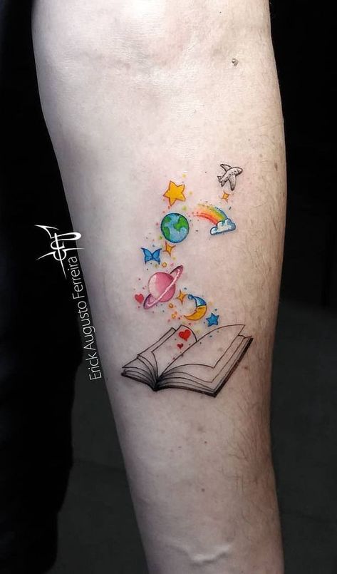 Colour Book Tattoo, Book Tattoo Colorful, Daycare Teacher Tattoo Ideas, Educator Tattoos, Book Space Tattoo, Book Wrist Tattoos Small, Tattoo Ideas Teacher, Reading Rainbow Tattoo, Teaching Tattoos Small