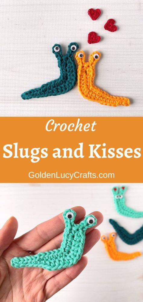 Crocheted slug appliques. Crochet Insect Applique, Amigurumi Patterns, Bug Crochet Applique, Tiny Crochet Applique Patterns Free, Crochet Snail Applique, Crochet Bug Applique, Banana Slug Crochet, Crochet Dragon Fly Pattern Free, Rainbow Crochet Free Pattern