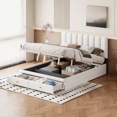 Experience unparalleled ease and convenience with our innovative hydraulic lift system. Effortlessly lift the mattress platform to reveal ample storage space underneath, allowing you to utilize every inch of your bed for optimal functionality. Bid farewell to cluttered bedrooms with the two spacious storage drawers located at the foot of the bed. Color: White, Size: Queen | Latitude Run® Chloemarie Vegan Leather Platform Bed Upholstered / Faux leather in White | 37.8 H x 66.5 W x 82 D in | Wayfa Platfrom Bed, Bed With Hydraulic Storage, Modern Storage Beds, Full Size Upholstered Bed, Mattress Platform, Lift Storage Bed, Cluttered Bedroom, Leather Platform Bed, Queen Platform Bed Frame