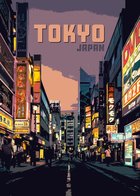 Kyoto Poster, Patches Ideas, Tokyo Poster, Japan 80's Aesthetic, Cityscape Drawing, Tokyo Aesthetic, Japan Graphic Design, Japan Poster, Cityscape Wallpaper