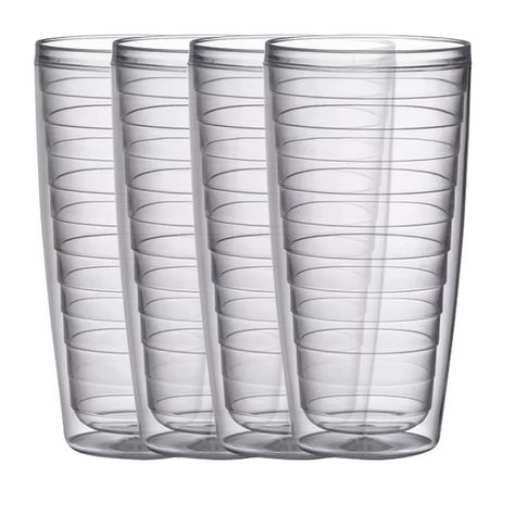 Rebrilliant Minnie 4-Piece 24 oz. Plastic Double Wall Glass Set & Reviews | Wayfair -- color: clear -- would eventually like 2 sets Interior Wall Insulation, Hanging Wine Glass Rack, Outdoor Drinkware, Drinking Glass Sets, Double Wall Glass, Wine Glass Rack, Glass Rack, Acrylic Tumblers, Plastic Tumblers