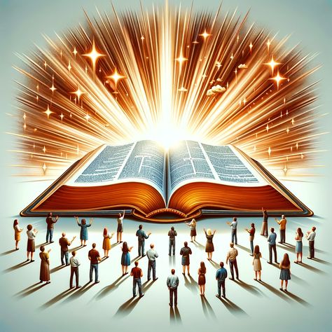 An image of a large, open Bible with rays of light emanating from its pages, illuminating a diverse group of people standing around it with uplifted faces. This represents the enlightenment and unity brought by Christian affirmations, symbolizing the power of God's Word in bringing people together and strengthening their faith. The image is designed for Bible readers, detailed and high quality, reflecting spiritual enlightenment and the positive impact of Biblical truths. Spiritual Light Images, Open Bible Image, Diverse Group Of People, Biblical Affirmations, The Enlightenment, Open Bible, Christian Affirmations, Biblical Truths, Rays Of Light
