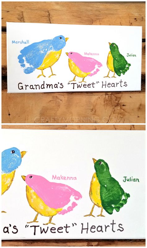 Grandma's "tweet" hearts footprint canvas - what a cute gift from the grandkids for Mother's day or grandparents day! Handprint Art, Footprint Canvas, Grandparents Day Crafts, Baby Art Projects, Footprint Crafts, Great Grandparents, Handprint Crafts, Daycare Crafts, Diy Mothers Day Gifts