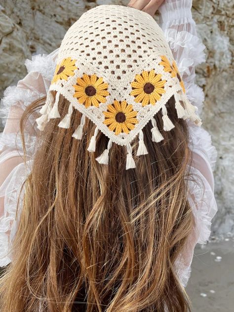 1pc Knitted Flower Tassel Headband, Bandana BohoI discovered amazing products on SHEIN.com, come check them out! Sunflower Bandana Crochet, Crochet Sunflower Headband, Flower Bandana Crochet, Crochet Sunflower Bandana, Crochet Flower Bandana, Emma Outfits, Tassel Headband, Bandana Crochet, Crochet Kerchief