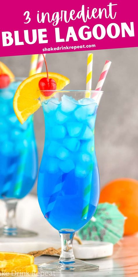 Bluer than the bluest waters, the beautiful hue of the Blue Lagoon Cocktail and its invigorating flavor give vacation vibes wherever you are! The refreshing union of Vodka, Lemonade, and Blue Curacao, makes this cocktail one you can dive right into. Driveway Drinks Party, Cocktail Recipes Blue Curacao, Blue Curacao Lemonade Drinks, Drinks With Blue Curacao And Vodka, Blue Vodka Punch, Blue Raspberry Vodka Cocktails, Drinks To Make With Blue Curacao, Blue Lemonade Cocktail, Malibu Blue Curacao