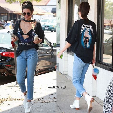 @kendalljenner Metallica T Shirt Outfit, Metallica Shirt Outfit, Ankle Boots Outfit Summer, White Ankle Boots Outfit, Summer Boots Outfit, White Boots Outfit, Metallica Shirt, Outfit Grunge, Metallica T Shirt