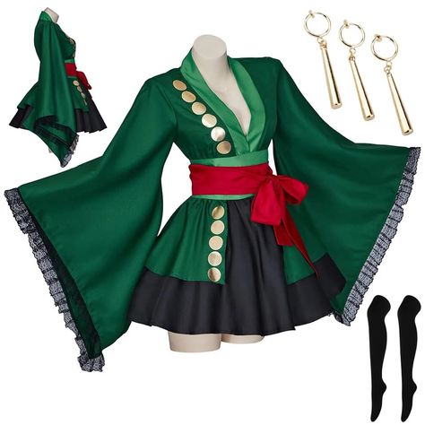 PRICES MAY VARY. 🌟Include:Green:Kimono+Skirt+Belt*2+Socks+Earrings+Wig; 🌟Material: Roronoa Zoro dress is made of thick satin stretch fabric. It is well made and comfortable to wear. Hand wash, can not bleach. 🌟 Roronoa Zoro costume cosplay outfit material: Polyester, soft, breathable and comfortable to wear. 🌟Occasion: Roronoa Zoro cosplay kimono dress is suitable for everyday wear, Halloween, themed parties, carnivals, cosplay parties, stages, parties, special occasions and other birthdays Kimonos, Kimono Skirt Outfit, Halloween Costumes Duo Unique, One Piece Costume Ideas, Zoro One Piece Cosplay, Zoro Costume, Luffy Costume, Anime Cosplay Outfits, Woman Halloween Costumes