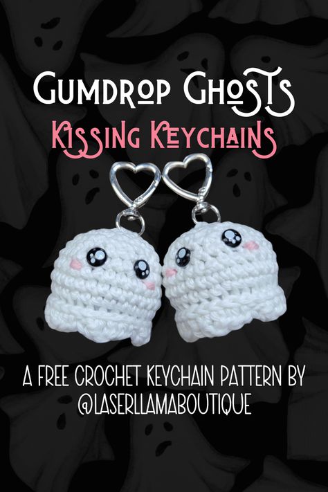 Free crochet pattern for Kissing Gumdrop Ghost Keychains. Amigurumi Patterns, Crochet Animal Keychain, Ghost Keychain, Halloween Sayings, Keychain Patterns, Animal Keychain, Quick Crochet Patterns, Beginner Crochet Tutorial, Crochet Keychain Pattern