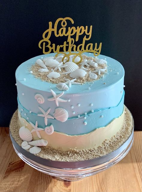 Cake With Waves Beach Themes, Sea Cake Theme, Cake Designs Ocean Theme, Cake With Sea Theme, Birthday Beach Theme Decorations, 2 Tier Blue Birthday Cake, Beach Inspired Birthday Cakes, Birthday Cakes Beach Theme, Beach Decorated Cake