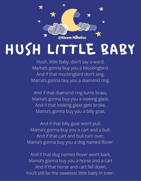 Baby Nursery Rhymes, Hush Little Baby Dont You Cry Lyrics, Nursery Rhyme Art, Nursery Rhymes Poems, Baby Poems, Babysitting Activities, Nursery Rhymes Activities, Childrens Poems, Parenting Knowledge