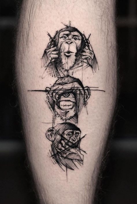 Three Monkeys Tattoo See No Hear No Speak No Tattoo Monkeys, 3 Wise Monkeys Tattoo Design, Geometric Monkey Tattoo, Sketch Style Tattoos Men, Trending Tattoos Men, Three Monkeys Tattoo, Ape Tattoos For Men, Monkey Tattoo Men, Gorilla Tattoo For Women