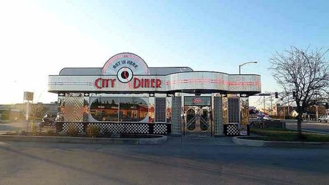 City Diner is located in Anchorage. Its shiny exterior is hard to miss and three simple words on the sign, "GET IN HERE," tell you exactly what to do. Vintage Diner Exterior, 1950s Diner Exterior, 90s Diner Exterior, 60s Diner Exterior, 50s Diner Exterior, Bloxburg Diner Exterior, Diner Exterior Design, American Diner Exterior, Sims Strangerville