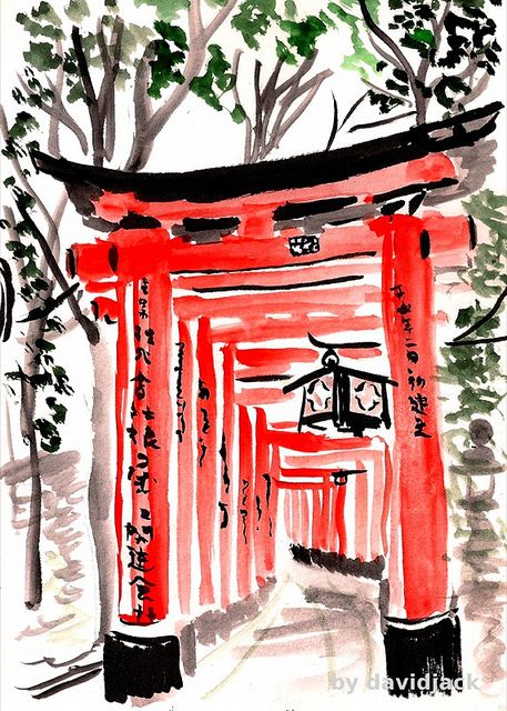 Tori Path, Fumishi Inari, Kyoto, Japan Japan Sketch Drawings, Kyoto Drawing, Japan Aesthetic Drawing, Japan Sketch, Japan Journal, Japan Drawing, Japan Watercolor, Chinese Buildings, Japanese Shrine