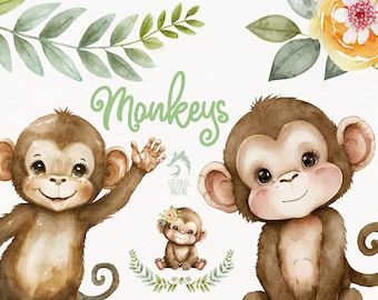 Watercolor Playful Monkey Clipart Card Making Nature Wall - Etsy Brasil Watercolor Monkey Painting, Watercolor Monkey, Monkey Watercolor, Monkey Clipart, Paint Monkey, Nursery Drawings, Baby Safari Nursery, Monkey Nursery, Monkey Illustration