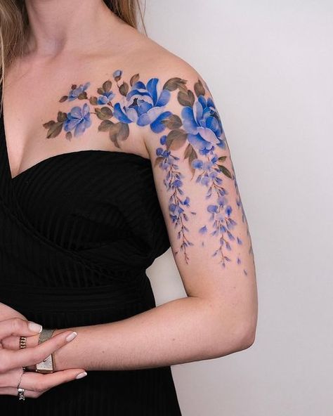 Svetlana Ehrt on Instagram: "Still consider this tattoo one of my best work 😌💙 Blue peonies and wisteria." Wisteria Tattoo, No Tattoo, Blue Flower Tattoos, Flower Vine Tattoos, Violet Tattoo, Flower Shoulder Tattoo, Flower Tattoo Ideas, Create A Tattoo, Unique Tattoos For Women