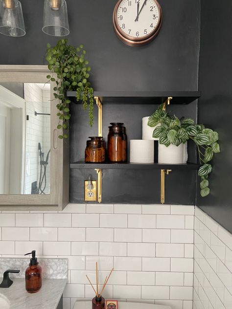 Brass And Grey Bathroom, Charcoal White Bathroom, White Subway Tiled Bathrooms, Pai, Small Bathroom Statement Wall, Charcoal Walls Bathroom, White And Charcoal Bathroom, Charcoal Wall Bathroom, Olive Green And Black Bathroom