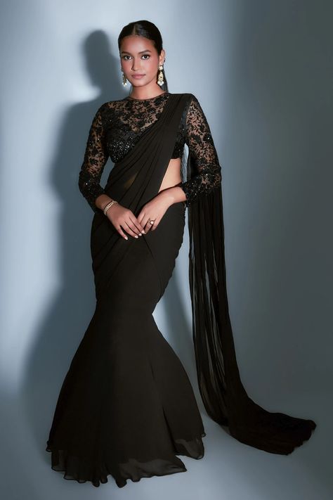 Buy Premya By Manishii Black Pre-stitched Georgette Saree With Blouse Online | Aza Fashions Black Net Saree, Saree Jacket, Saree Styling, Angrakha Kurta, Suite Design, Georgette Saree With Blouse, Saree Georgette, Full Sleeve Blouse, Fancy Sarees Party Wear