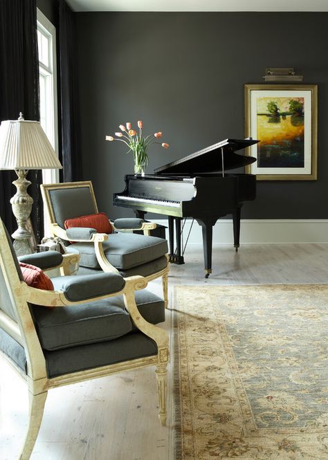 Living Room by J. Hirsch Interior Design, LLC | piano in living room | dark gray walls with light floor | traditional home decor Grand Piano Room, Piano Room Decor, Piano Living Rooms, Piano Decor, Dark Grey Walls, Piano Room, Grand Piano, Traditional Living, Design Del Prodotto