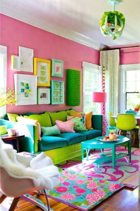 35 Mind-blowing Whimsical Décor Ideas You Need To See - Porched Living Pop Art Living Room Ideas, Vibrant Living Room Ideas Eclectic, Whimsical Office Ideas, Fun Beach House Decor, Neon Living Room, Pastel Living Room Ideas, Bright Living Room Ideas, Pink And Green Room, Living Room Pastel