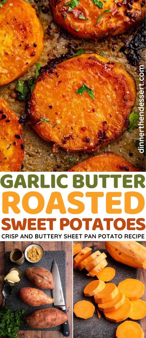 Roasted Cubed Sweet Potatoes, Seasoned Roasted Sweet Potatoes, The Best Sweet Potatoes, Starch Dinner Sides, Garlic Butter Smashed Sweet Potatoes, Garlic Butter Sweet Potato, Roasted Sweet Potatoes With Garlic And Parmesan, Garlic Butter Sweet Potato Recipes, Sweet Potato Seasoning Roasted