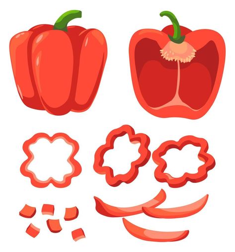 Sweet pepper, bulgarian or bell, sliced veggie Nature, Bulgarian, Bell Pepper Illustration, Pepper Illustration, Vector Nature, Sweet Pepper, Stuffed Sweet Peppers, Bell Pepper, Flat Illustration