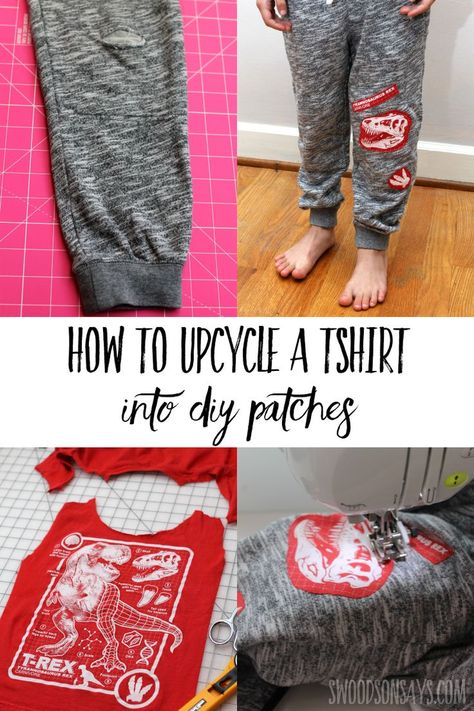 Check out this simple way to patch pants holes with a creative diy patch made from an upcycled tshirt! Easy mending tutorial for beginners. T Shirt Patches Diy, Patch Ideas Clothing, Upcycled Kids Clothes, Clothes Diy Upcycled, Easy Upcycle Clothes, Upcycle Kids Clothes, Diy Upcycled Clothing, Patching Holes In Clothes, Tshirt Diy Upcycle