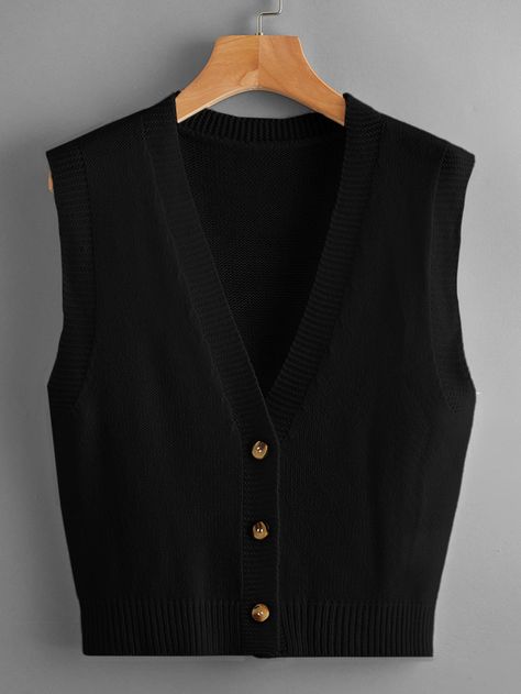 Sweater Vests, Sweater Vest Women, Button Front Cardigan, Button Cardigan, Women Sweater, Hippie Outfits, Knitwear Women, Black Cardigan, Black Casual