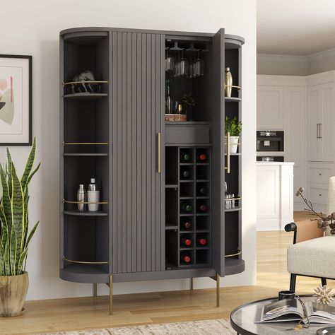 Home Bar Unit Design, Curved Armoire, Small Bar Unit, Liquor Cabinet Modern, Bar Unit Design, Bar Cabinet Styling, Modern Bar Cabinets For Home, Bar Unit In Living Room, Bar Cabinets For Home