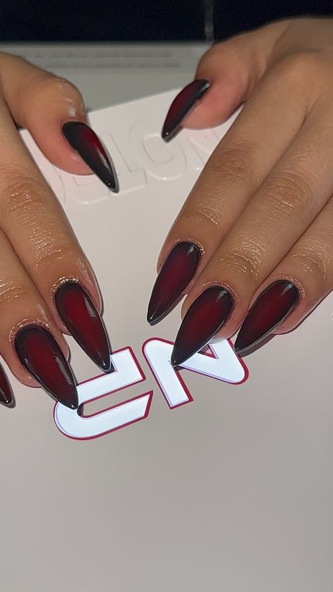 Black And Red Nails Simple, Under Nails Painted, Vampire Nails Designs, Dark Cherry Red Nails, Red Aura Nails, Pirate Nails, Customs Ideas, Halo Nails, Red Chrome Nails