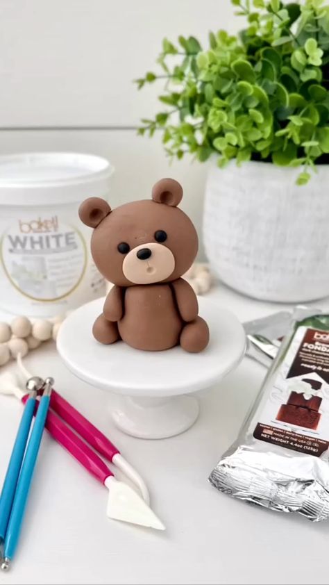 Cutest Teddy Bear, Diy Clay Teddy Bear, Polymer Clay Bear Teddy, Fondant Teddy Bear Tutorial How To Make Cake Toppers, Teddy Bear Polymer Clay, Teddy Bear Clay Art, Air Dry Clay Teddy Bear, Clay Models Ideas, Teddy Bear Birthday Cake Ideas