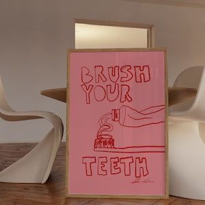 Brush Your Teeth Print - Cute Bathroom Print - Aesthetic art - Trendy Pink Print - Typography Print - Hand Drawn Sketch Print - Trendy Print Kitchen Wall Art Quotes, Story Lab, Minimalist Sketch, Vintage Food Posters, Flower Shop Decor, Cute Bathroom, Poppy Wall Art, Teeth Art, Bathroom Posters