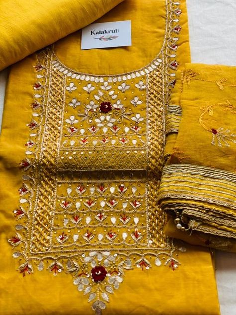 more colors.... Chanderi suits Pure chanderi handwork kurta Pure santoon salwar Pure chiffon /banarasi silk designer handwork dupatta *DONT ACCEPT THE PRODUCT WITHOUT KALAKRUTI BRAND LABEL *Rate 2495/-courier free *fallen or missing mirror /gota/kundan/beads is not deffective,it happens while handling in packing or transit.*** WHATSAPP +91-08867974236...FOR QUERIES AND ORDER *Code RNC *Date 24/3/22 Handwork Dupatta, Chanderi Suits, Pure Chiffon, Brand Label, Dresses Dresses, Suits For Women, Pure Products, Photo And Video, Instagram Photos