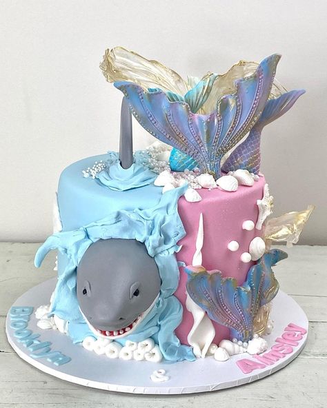 Shark And Mermaid Birthday Cake, Mermaid And Sharks Birthday Party, Mermaid And Shark Birthday Cake, Mermaid And Shark Cake, Mermaid Shark Cake, Shark And Mermaid Cake, Twins Birthday Cake Ideas, Brother And Sister Birthday Party Ideas, Mermaid And Shark Birthday Party