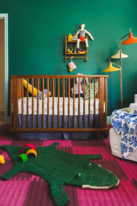 Felix's New Nursery - The House That Lars Built Nursery Design Colorful, Eclectic Gender Neutral Nursery, Nursery Wall Lighting, Commercial Nursery Design, Bold Color Nursery Ideas, Nursery Ideas Eclectic, Nursery Ideas Maximalist, Bold Color Nursery, Post Modern Nursery