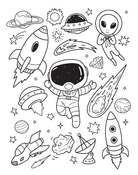 Astronaut Doodle Cute, Cute Outer Space Doodles, Doodle Space Drawings, Drawing Of Outer Space, Drawing Space Ideas, Cool Space Drawings, Space Doodles Easy, Doodle Art Space, Cute Space Drawings