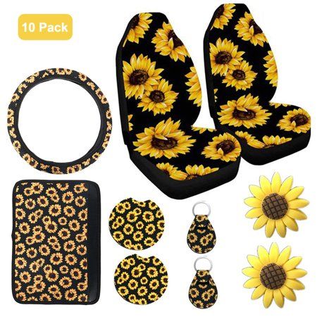 Features : 1. The car front seat cover is easy to install and wash up. Universal size fit for most of cars, sedans and crossovers. 2. With sunflower printing fashion design, the car front seat cover is a complete set for you to decorate and protect your car, or you can use them as gifts to your family or friends who have cars. 3. Made of high quality elastic band and 5-thread sewing technology, the car front seat cover provides much better durability. 4. All our car accessories are designed with Jeep Seat Covers, Car Front Seat, Sunflower Accessories, Car Cup Holder Coaster, Cars Jeep, Car Things, Leather Car Seat Covers, Leather Car Seats, Dream Cars Jeep