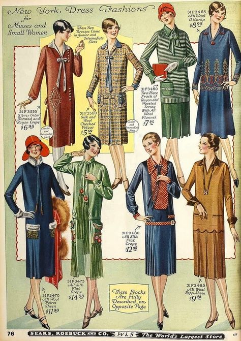 A page from the 1926 Sears, Roebuck & Co. catalog, full of flapper-inspired fashions. Via ArtDecoBlog.blogspot.com Agua Florida, 20’s Fashion, 1920’s Fashion, 1920s Dresses, 1920s Fashion Women, Modern Millie, 20s Dresses, 1920s Women, Mode Retro