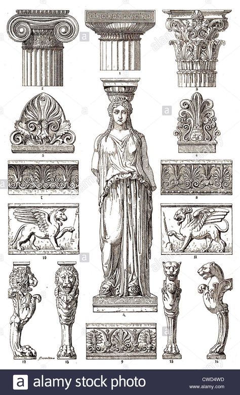 Download this stock image: Greek architecture sculpture - CWD4WD from Alamy's library of millions of high resolution stock photos, illustrations and vectors. Greek Drawing, 16 Tattoo, Architecture Sculpture, Architecture Antique, Bangunan Minecraft, Greek Architecture, Ancient Greek Art, Ancient Greek Architecture, Mythology Tattoos