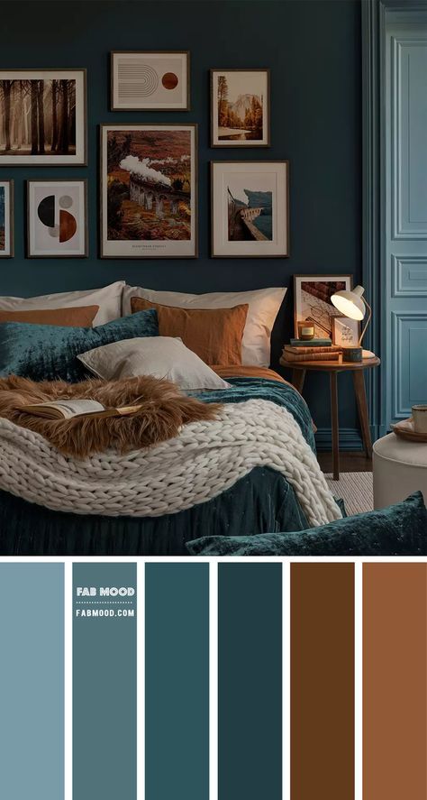 10. Navy Blue, Blue Teal & Brown Navy blue can be a great choice for a bedroom, as it can create a calming and... Blue And Teal Bedroom, Dark Teal Bedroom, Dark Blue Bedrooms, Teal Rooms, Best Bedroom Colors, Teal Living Rooms, Bedroom Color Combination, Teal Bedroom, Brown Bedroom