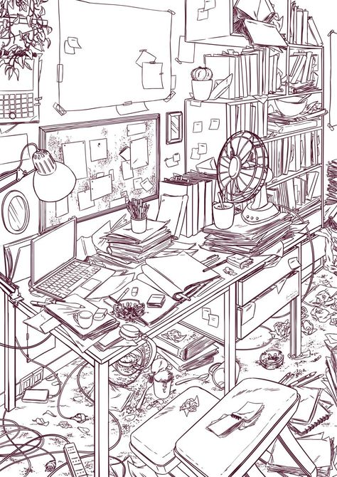 Messy writer's room drawing Instagram -@mamee_ini Library Room Reference Drawing, Messy Room Aesthetic Drawing, Writer Art Aesthetic, Bookshelf Perspective Drawing, Vintage Room Drawing, Room Sketch Aesthetic, Cluttered Bedroom Drawing, Messy Bedroom Illustration, Drawings Of Rooms Bedrooms