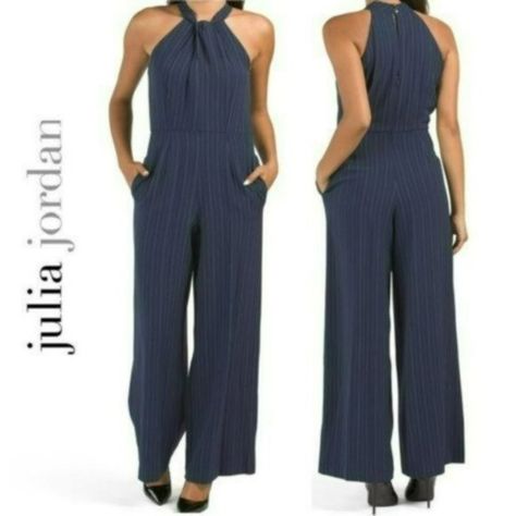 Julia Jordan Sleeveless Wide Leg Halter Neck Stripe Jumpsuit Look Chic And Stylish In This Sleeveless Halter Neck Jumpsuit. This Jumpsuit Features A Twist Halter Neck, Wide Legs, And Just The Right Amount Of Stretch For All Day Comfort. Twist Front Accent, Striped Pattern, Lined Halter Neck, Sleeveless Regular Length, Wide Leg, 2 Side Pockets Back Zip Closure Inseam: Approx. 33-34 In, Polyester/Rayon/Spandex Color: Navy/Ivory Condition: New With Tags Enjoy Discounted Shipping! Bundle To Save! Check Out Many Others: Dresses, Bags, Tops, Sweaters, Jeans, Shoes, Boots, Jackets, Cardigans, T-Shirts, Pants, Shorts, Joggers, Accessories, Jewelry, Makeup, Socks, Sandals, Flip-Flops, Tees, Tanks Socks Sandals, Halter Top Maxi Dress, Sparkly Jumpsuit, Jordan Dress, Stripe Jumpsuit, Palm Dress, Halter Neck Jumpsuit, Ruched Maxi Dress, Ruffle Jumpsuit