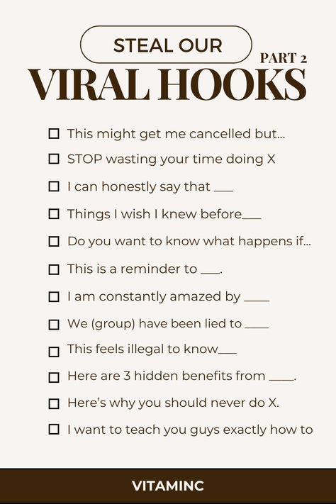 a list of viral Hooks for your UGC collabs + social media content - proven to convert 
"This is a reminder to ___"
"Stop wasting your time doing X"
"This might get me cancelled but..." How To Viral Reel On Instagram, Scroll Stopping Hooks, Content Creator Business Plan, Ugc Content Hooks, Hooks For Tiktok Videos, Ugc Hook Ideas, Viral Hooks For Instagram, Hooks For Reels, Social Media Hooks