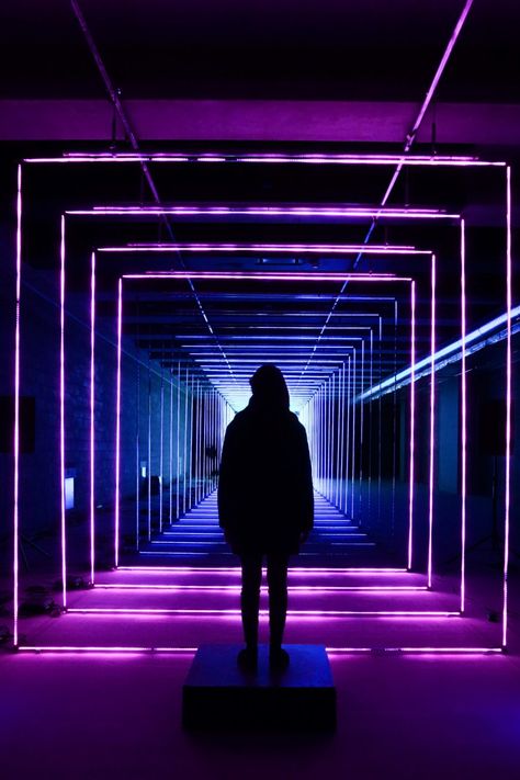 21 Clever Uses of Geometric Patterns in Photography | Light Stalking Neon Lights Photography, Light Tunnel, Led Band, New Retro Wave, Led Stripes, Silhouette Photos, Seni 3d, Neon Aesthetic, Purple Aesthetic