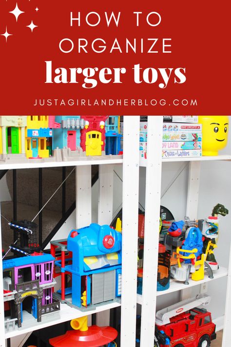 Storing Large Toys In Playroom, Toy Organizing Ideas Small Spaces, Car Track Toy Storage, Organizing Big Toy Trucks, Playroom Storage For Large Toys, Big Toys Organization Ideas, Large Storage Solutions, Little People Toys Storage, Organizing Big Toys Small Spaces