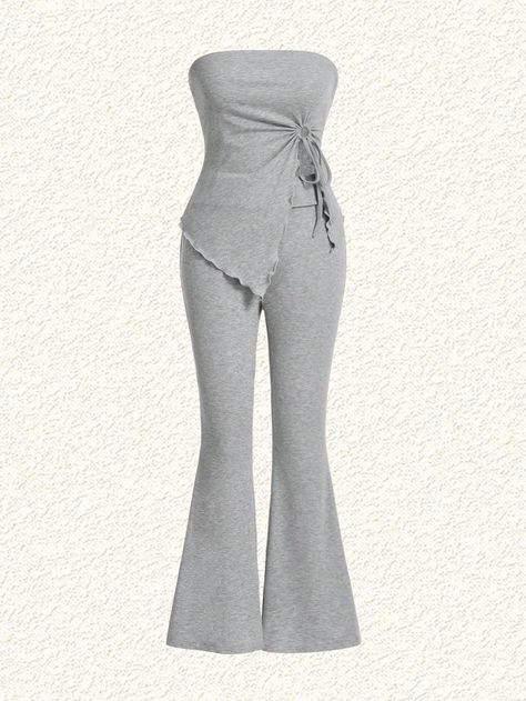 Grey Outfits, Knit Bandeau, Classy Fall Outfits, Single Dress, Grey Outfit, Fashion Poster, Slim Fit Pants, Fashion Design Clothes, Bandeau Top