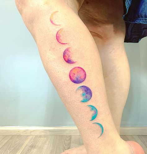 41 Moon Phases Tattoo Ideas to Inspire You | Page 4 of 4 | StayGlam Moon Phase Watercolor Tattoo, Moon Phases And Butterfly Tattoo, Moon Phases Watercolor Tattoo, Moon Phases Tattoo Lower Back, Witchy Moon Tattoo Ideas, Chakra Moon Phases Tattoo, Watercolor Moon Phases Tattoo, Colour Moon Tattoo, Moon Phases Tattoo Leg