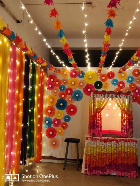 Ganesh Chaturthi Flower Decoration, Jhanki Decoration Ideas, Light Decoration For Diwali At Home, Ganesh Chaturthi Home Decoration, Puja Decoration At Home Diy, Puja Decorations At Home, Janmasthami Creative Decoration, Decoration Ideas For Pooja At Home, Ganpati Lighting Decoration