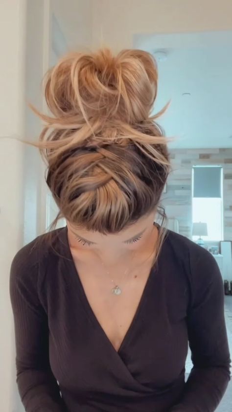 French Braid With Messy Bun, Extra Long Hair Messy Bun Tutorial, Updo For Servers, Funky Bun Hairstyles, Hair Styles Buns Messy Step By Step, Fake French Braid Hairstyles, Mess Bun Hairstyles, Justclassicallycassidy Hair, Fake Braids Hairstyles